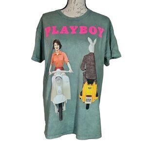 Playboy Unisex Size Large Green Pink Bunny Lady Motorcycle Shirt - Flaw